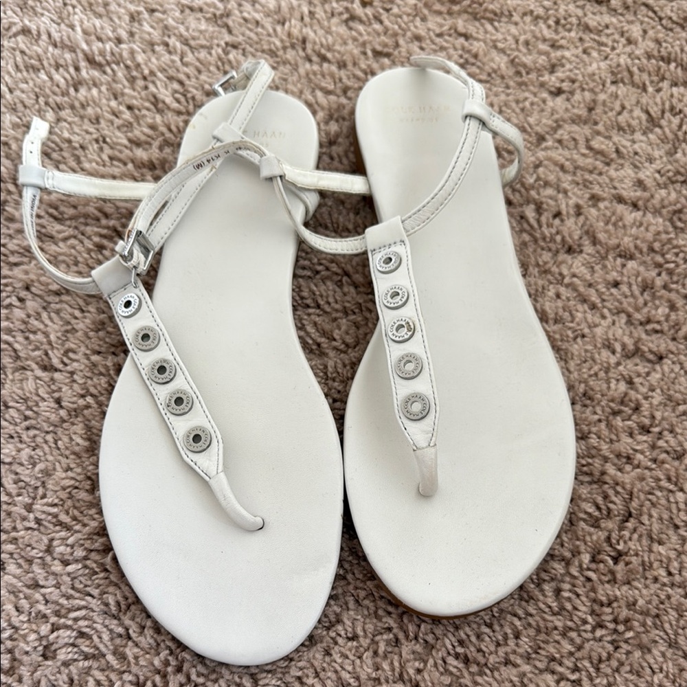 Cole Haan White and Silver Sandals with T-Strap Design